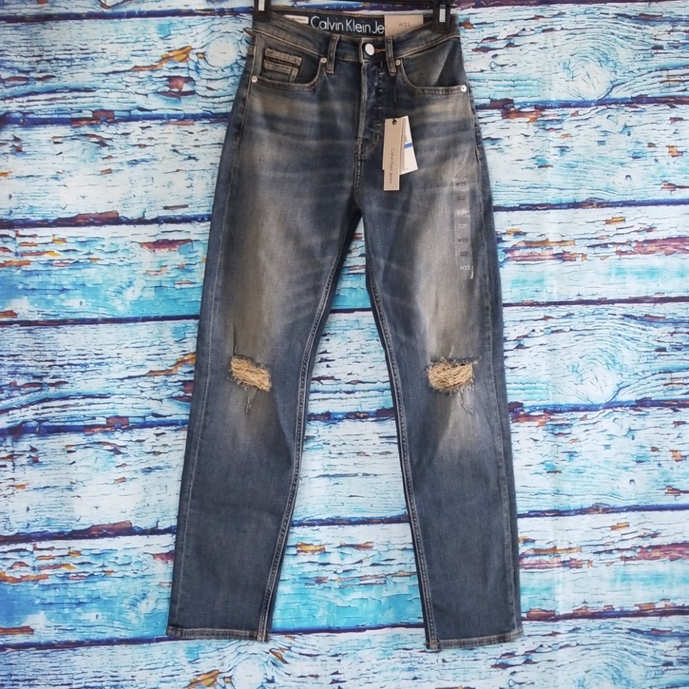 Calvin Klein high rise straight destructed jeans